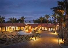 A resort at night with palm trees and serenity.