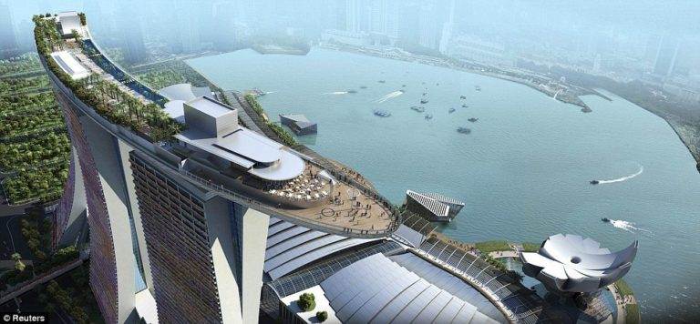 Marina Bay Sands skyscraper with infinity pool at a height of 150 sq. m. in Singapore.