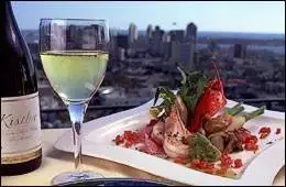A plate of food and wine on a table with a view of the city at Bertrand at Mister A's in San Diego.