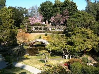 A serene Japanese garden with a bridge and trees.