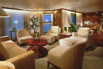 A luxurious living room on a Celebrity Millennium Cruise.