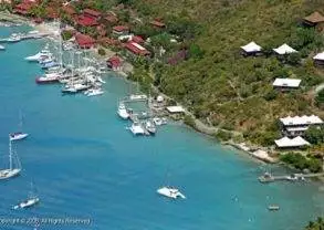 An aerial view of Bitter End Yacht Club, a floating paradise with boats docked in the water.