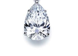 A pear shaped diamond pendant on a white background, symbolizing a woman's best friend.