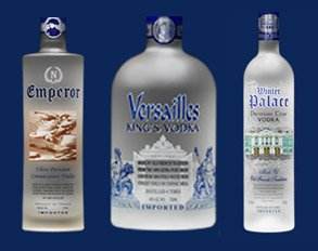 Three bottles of vodka on a blue background, Emperor Brands L.L.C.