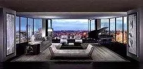 A living room with a view of the city in the Most Expensive Apartment.