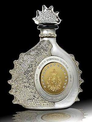 A bottle decorated with diamonds showcasing the Most Expensive Brandy in the World Henri IV Dudognon.