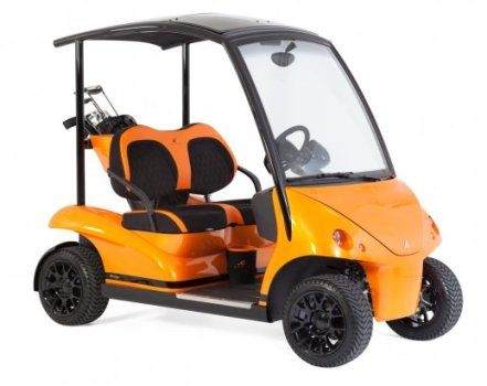 An orange and black golf cart on a white background - Golf Cart.