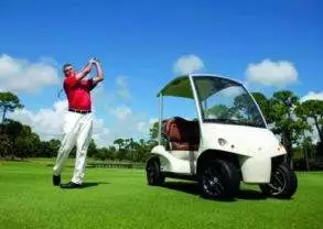 A man is driving a luxurious golf cart on a golf course to surprise golfers.