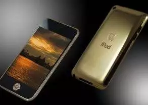 A gold iPod is shown next to a black background with a 75 carat diamond.