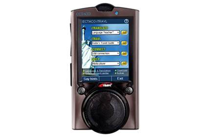 Handheld electronic translator device with a screen displaying translation and travel options—one of the best travel gadgets worthy of Inspector Gadget himself.