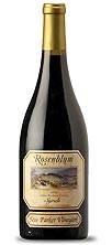 A bottle of Rosenblum wine with a gold foil top and a vineyard label on the front, highlighted as part of the Endangered Wines collection.