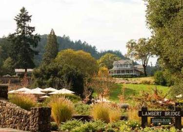 A view of the entrance to Lambert Bridge Winery in California.