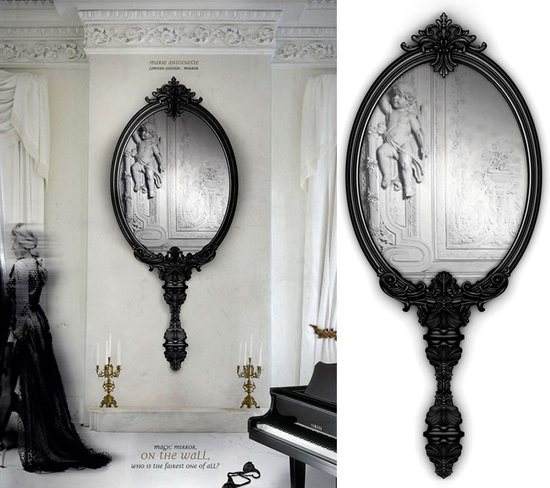 An ornate Marie Antoinette mirror resembling the mirror used in the Palace of Versailles sits in a room with a piano.
