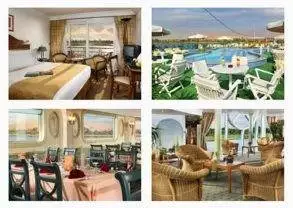 A collage of pictures of different rooms on a cruise ship showcasing high style cruising.