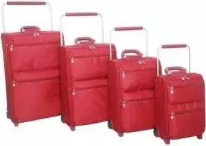 Four lightweight red suitcases on a white background.