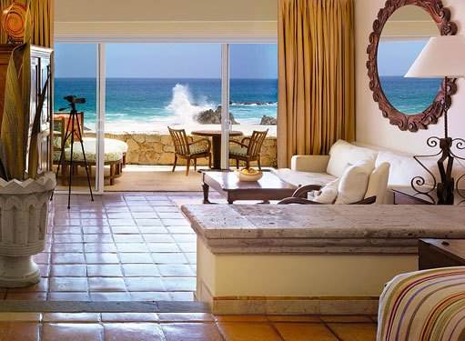 A living room with a view of the ocean at Palmilla Resort on the Baja Peninsula.